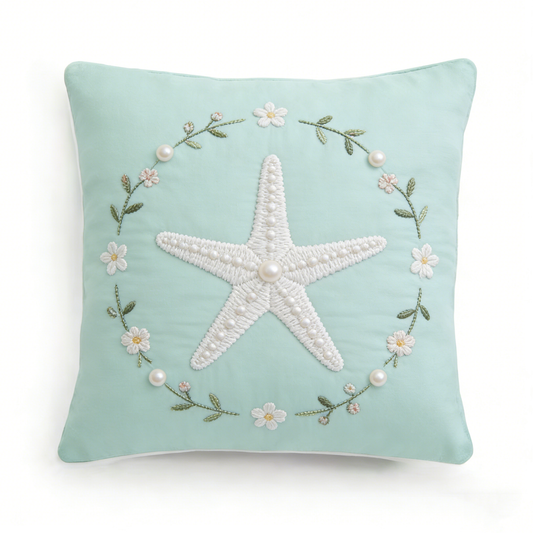 Seashell Starfish Embroidered Pillow