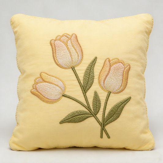 Yellow Tulip Embroidered Pillow