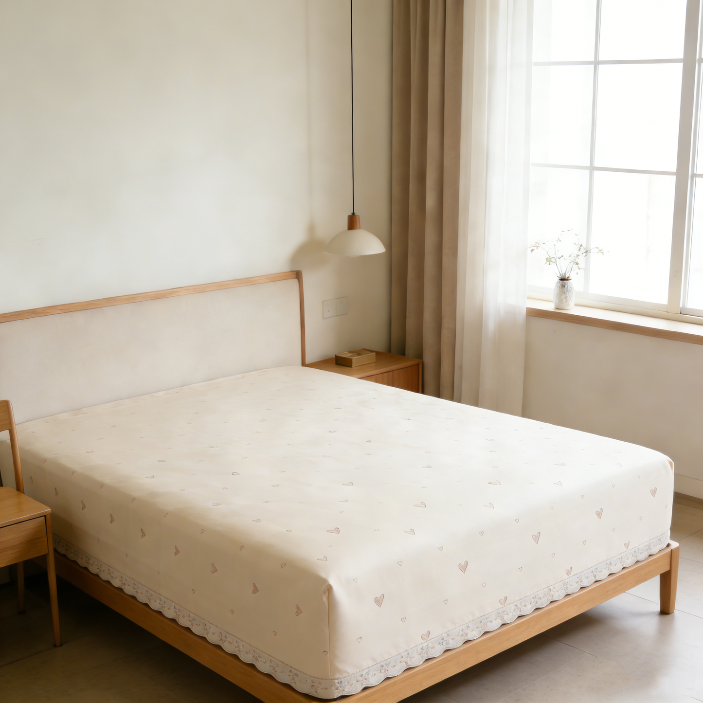 Cream Heart Embroidered Sheet Set