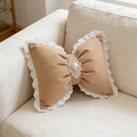 Tan Bow Pearl Pillow