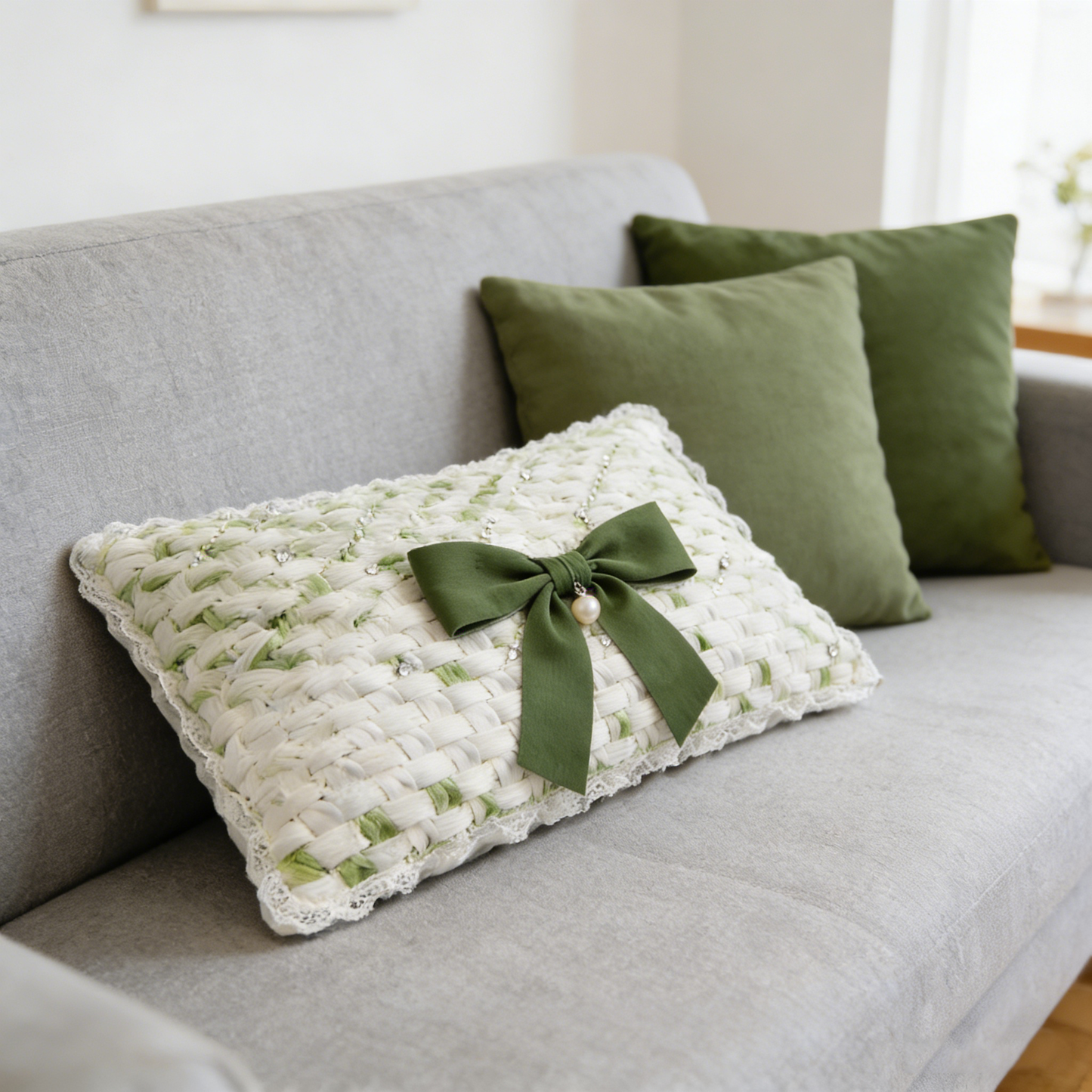 Green & White Woven Bow Pillow