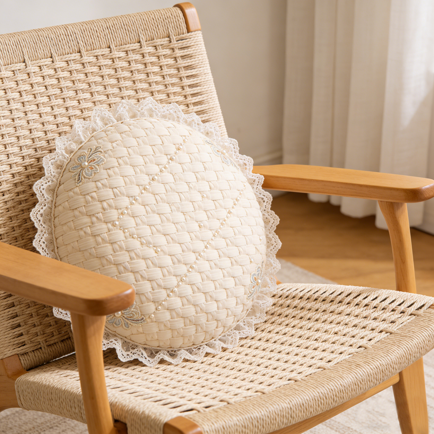 Beige Round Woven Pearl Pillow