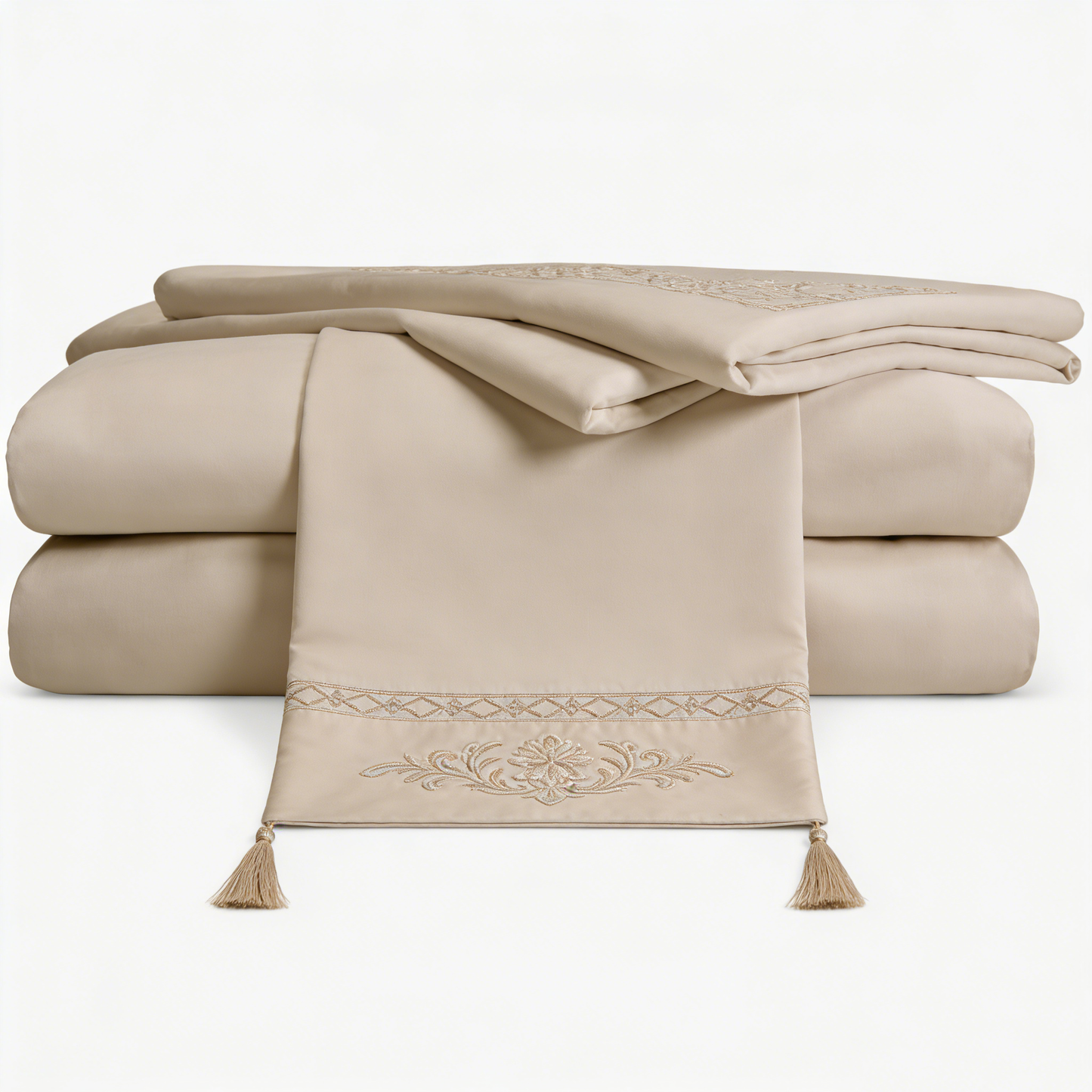 Beige Embroidered Tassel Sheet Set